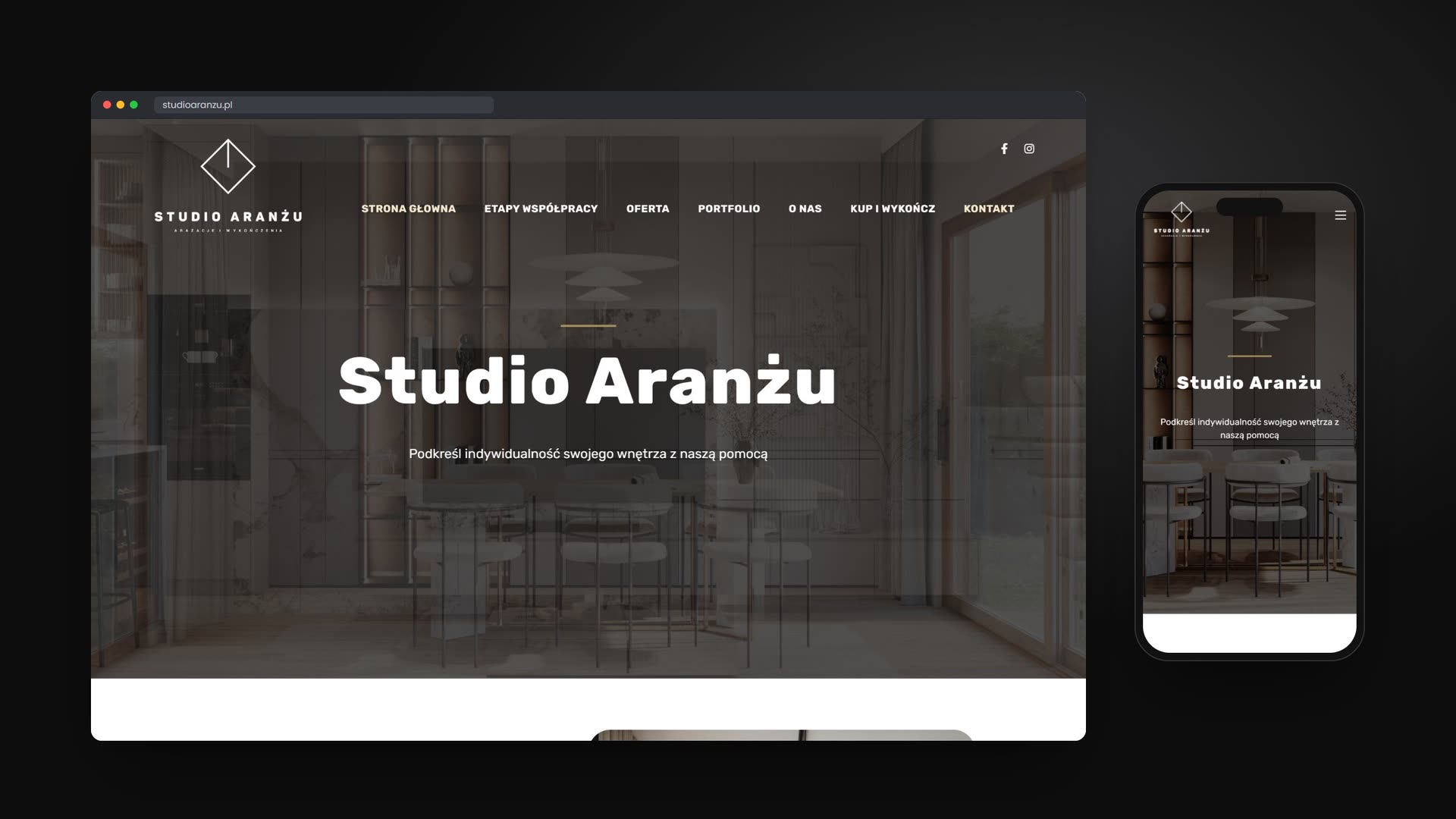 Strona Studia Aranżu na laptopie i telefonie — hero z logo i menu