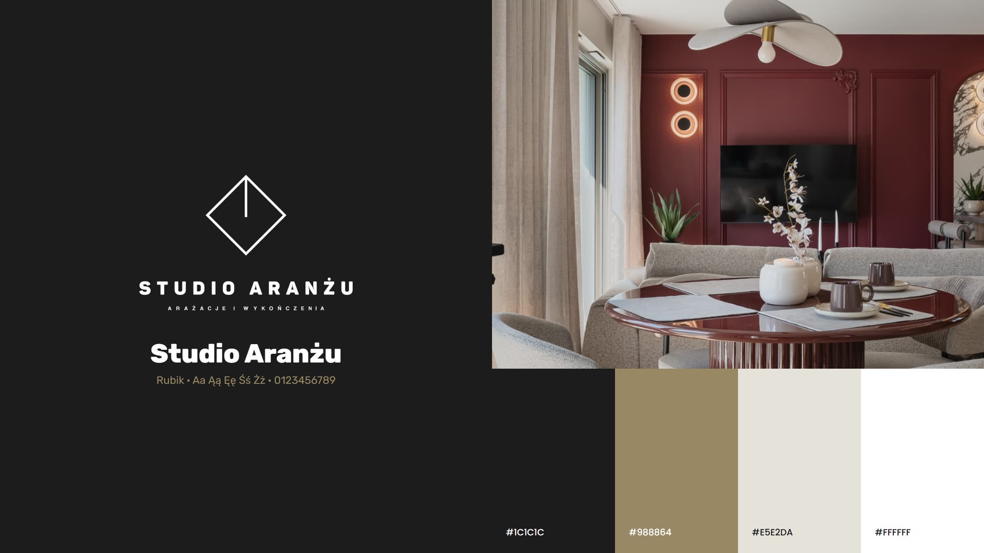 Logo Studia Aranżu, krój Rubik i kolorystyka marki: grafit, złoto, beż