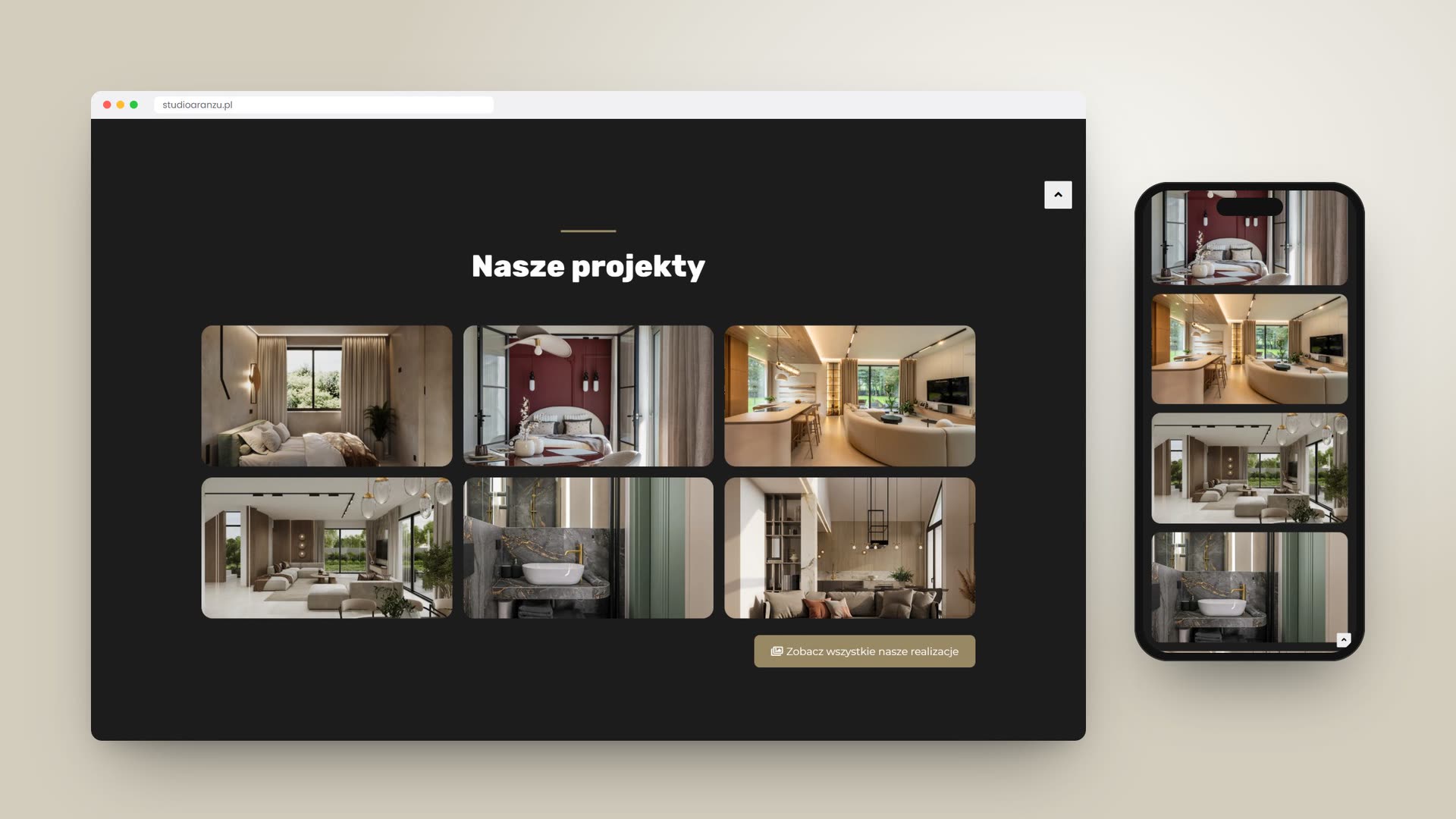 Sekcja „Nasze projekty” na stronie Studia Aranżu, wersja desktop i mobilna