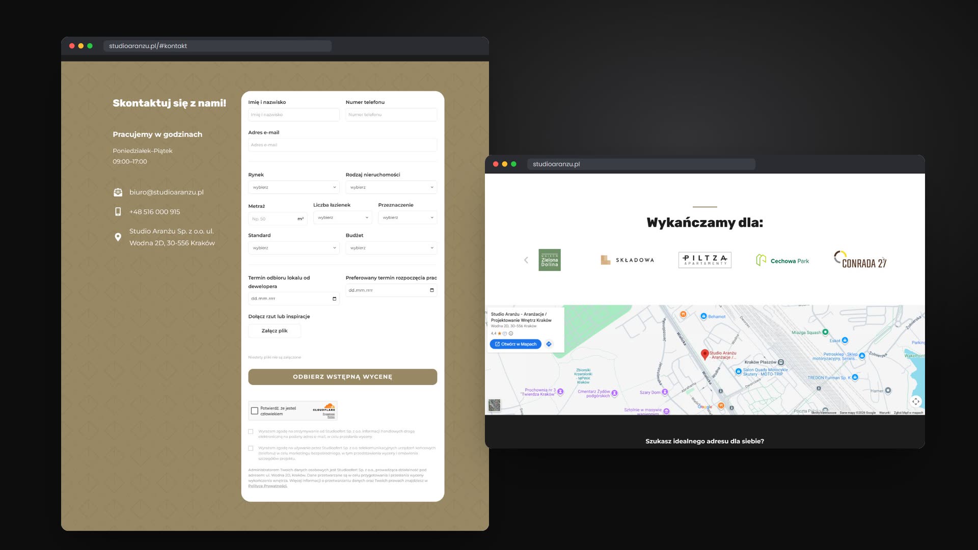 Formularz wyceny wykończenia i lista inwestycji, dla których studio wykańcza mieszkania